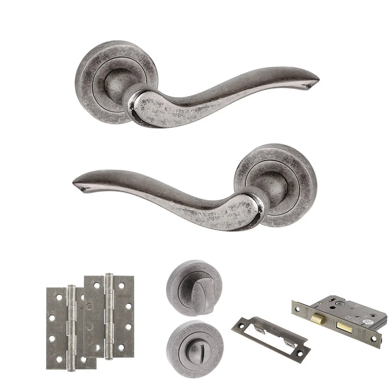 Atlantic Old English Warwick Door Handle Pack (Bathroom Set - 3" CE Bathroom Lock, 4" Slim Knuckle Hinges x2)