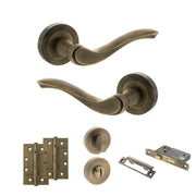 Atlantic Old English Warwick Door Handle Pack (Bathroom Set - 3" CE Bathroom Lock, 4" Slim Knuckle Hinges x2)