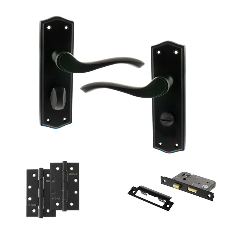 Atlantic Old English Warwick Door Handle Pack (Bathroom Set - 3" CE Bathroom Lock, 4" Slim Knuckle Hinges x2)