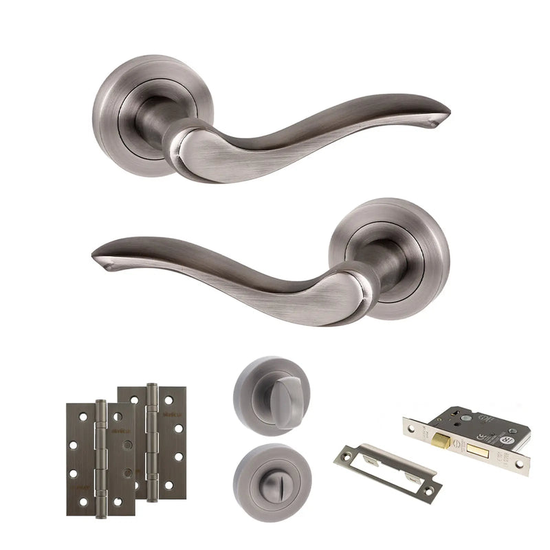 Atlantic Old English Warwick Door Handle Pack (Bathroom Set - 3" CE Bathroom Lock, 4" Slim Knuckle Hinges x2)