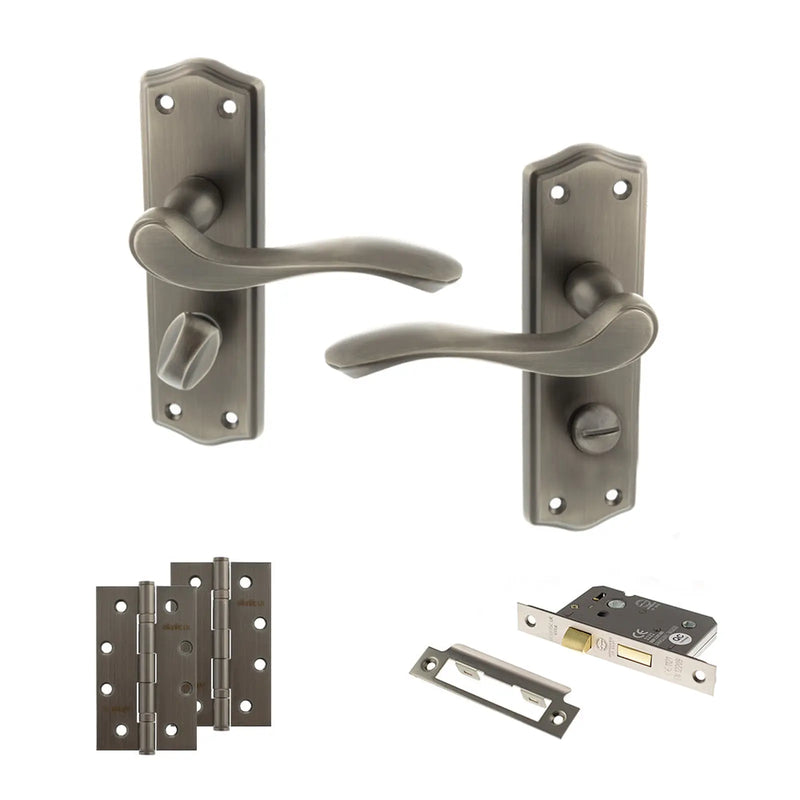 Atlantic Old English Warwick Door Handle Pack (Bathroom Set - 3" CE Bathroom Lock, 4" Slim Knuckle Hinges x2)