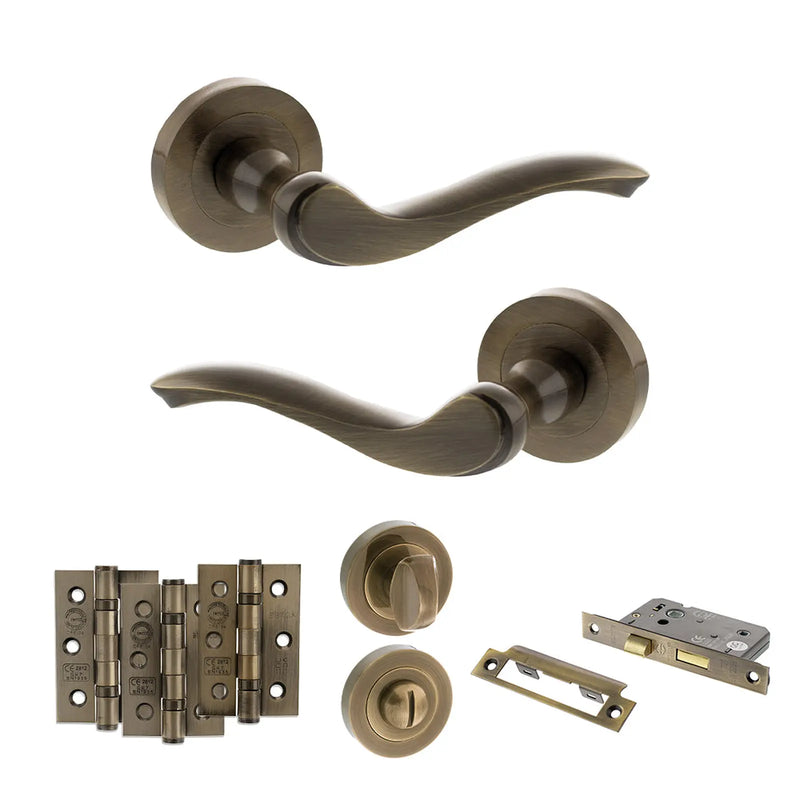 Atlantic Old English Warwick Door Handle Pack (Bathroom Set - 3" CE Bathroom Lock, 3" Fire Rated Hinges x3)
