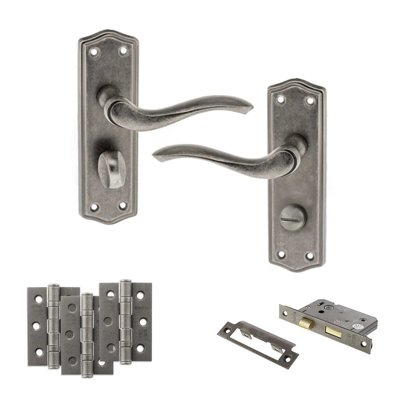 Atlantic Old English Warwick Door Handle Pack (Bathroom Set - 3" CE Bathroom Lock, 3" Fire Rated Hinges x3)