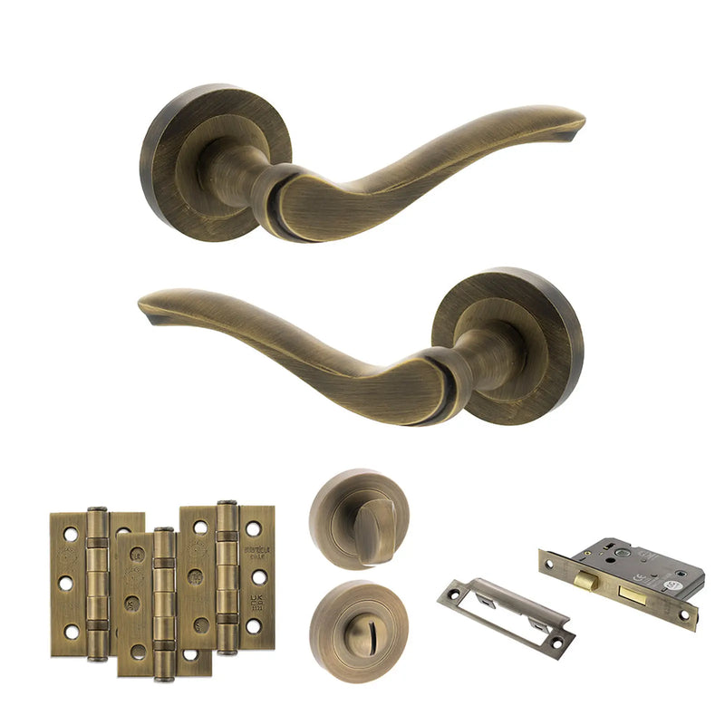 Atlantic Old English Warwick Door Handle Pack (Bathroom Set - 3" CE Bathroom Lock, 3" Fire Rated Hinges x3)