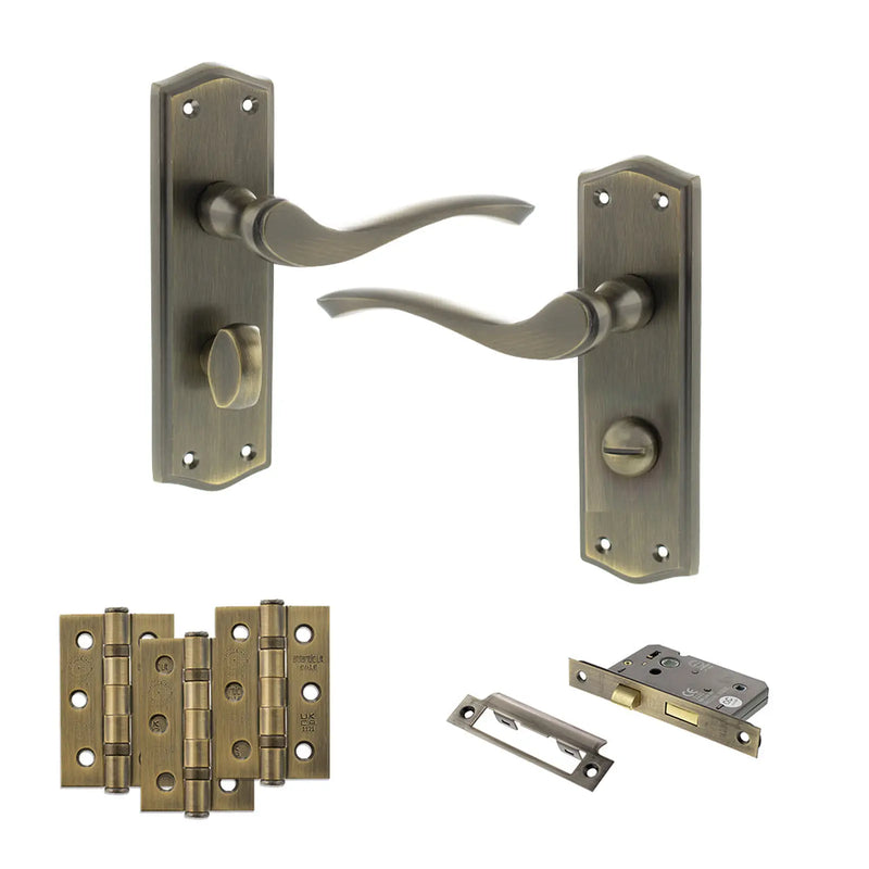 Atlantic Old English Warwick Door Handle Pack (Bathroom Set - 3" CE Bathroom Lock, 3" Fire Rated Hinges x3)