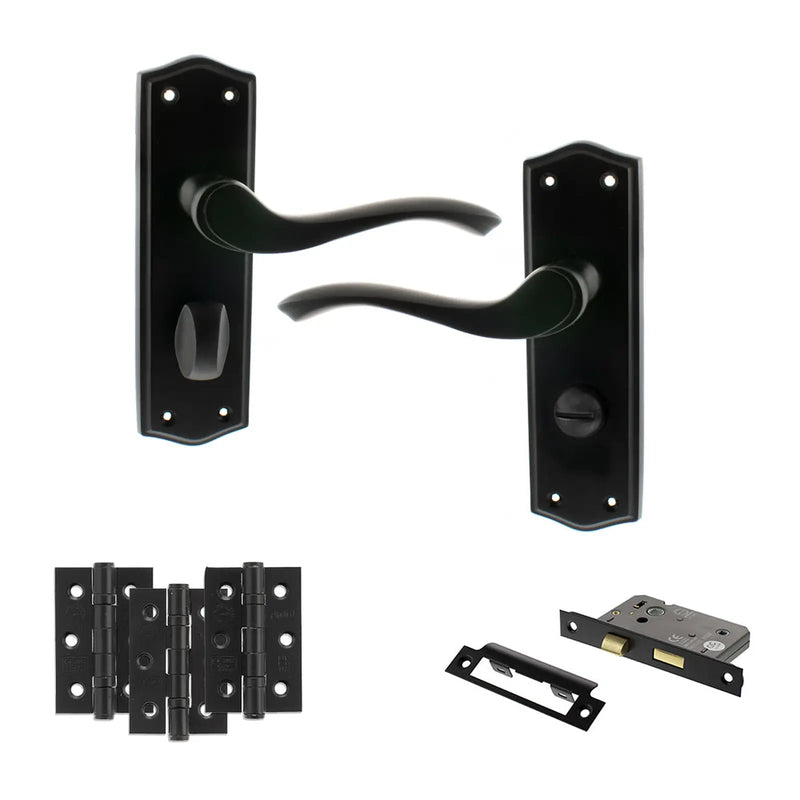 Atlantic Old English Warwick Door Handle Pack (Bathroom Set - 3" CE Bathroom Lock, 3" Fire Rated Hinges x3)