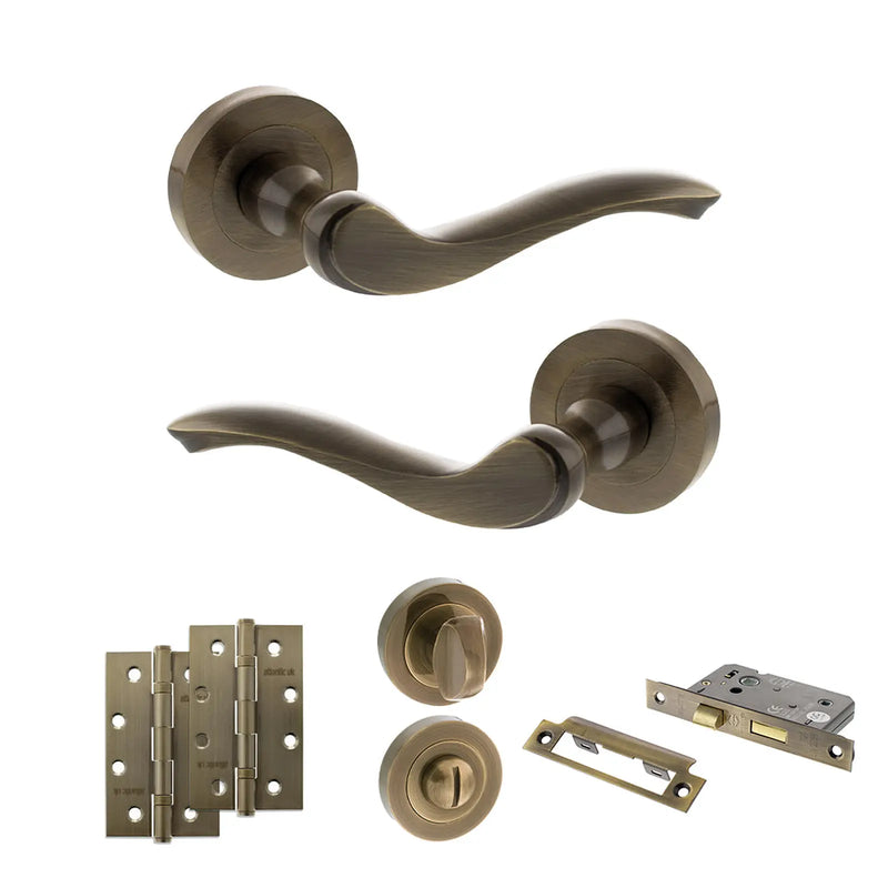 Atlantic Old English Warwick Door Handle Pack (Bathroom Set - 2.5" CE Bathroom Lock, 4" Slim Knuckle Hinges x2)