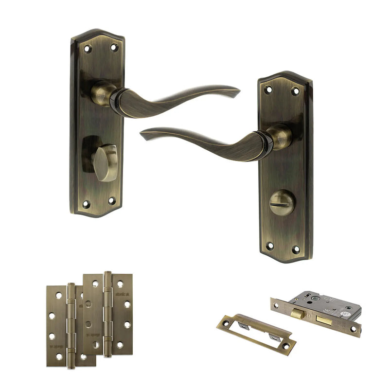 Atlantic Old English Warwick Door Handle Pack (Bathroom Set - 2.5" CE Bathroom Lock, 4" Slim Knuckle Hinges x2)
