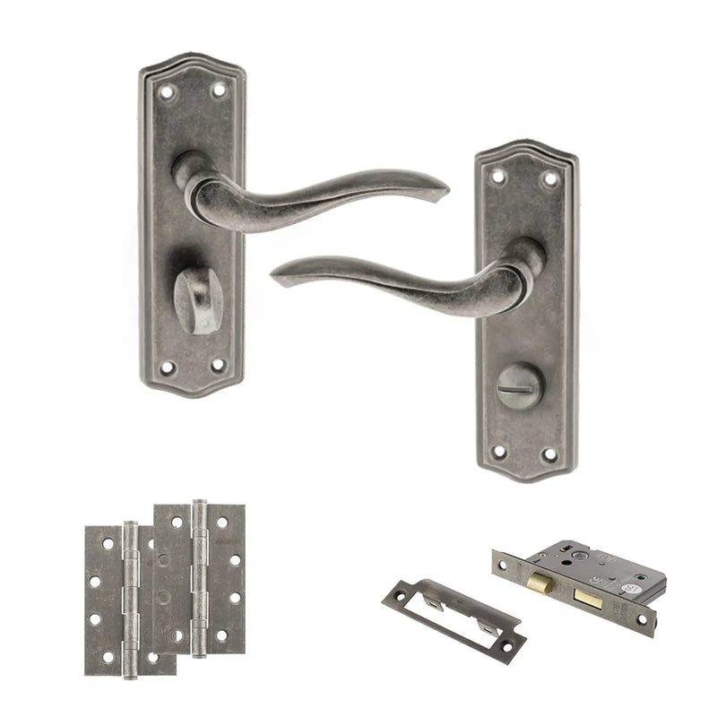 Atlantic Old English Warwick Door Handle Pack (Bathroom Set - 2.5" CE Bathroom Lock, 4" Slim Knuckle Hinges x2)