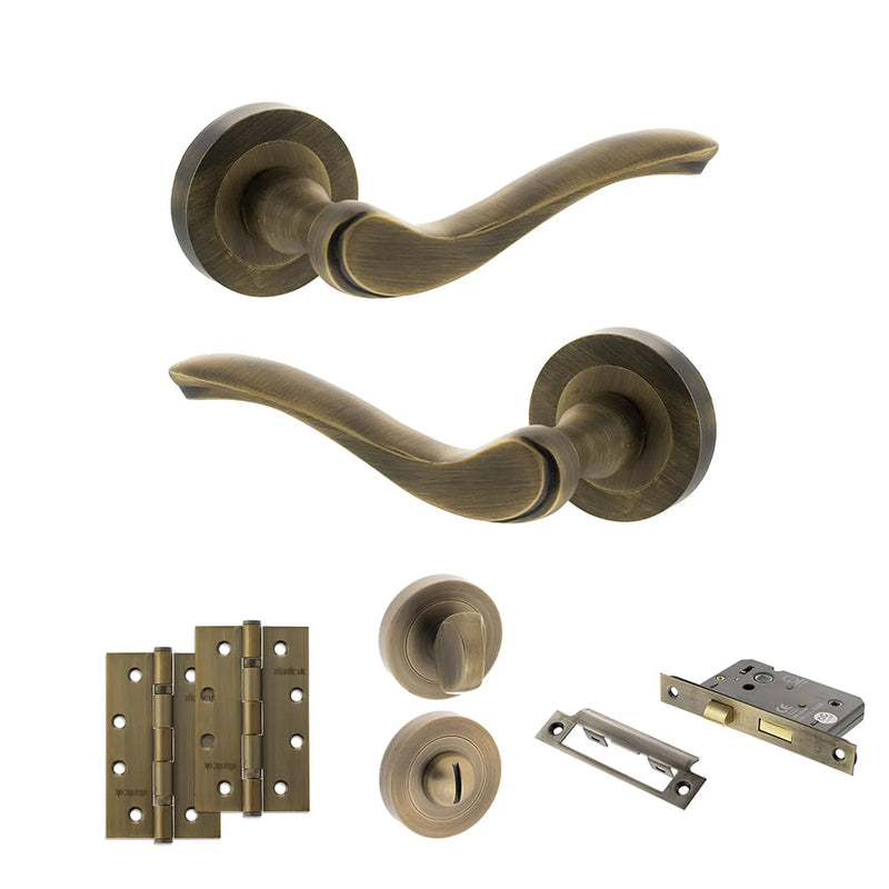 Atlantic Old English Warwick Door Handle Pack (Bathroom Set - 2.5" CE Bathroom Lock, 4" Slim Knuckle Hinges x2)