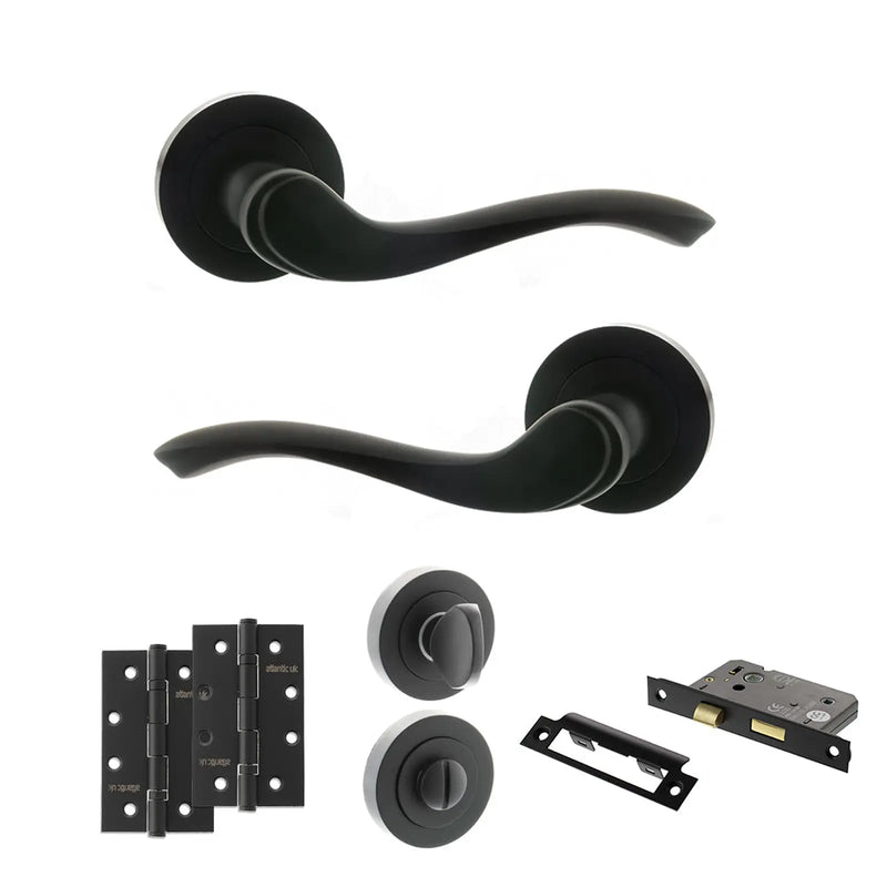 Atlantic Old English Warwick Door Handle Pack (Bathroom Set - 2.5" CE Bathroom Lock, 4" Slim Knuckle Hinges x2)