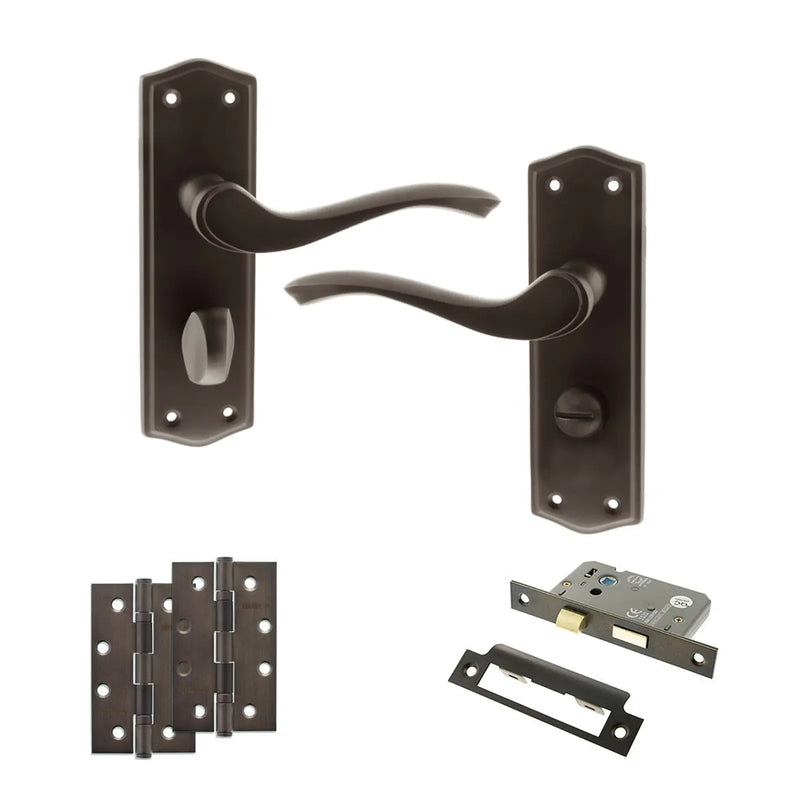 Atlantic Old English Warwick Door Handle Pack (Bathroom Set - 2.5" CE Bathroom Lock, 4" Slim Knuckle Hinges x2)