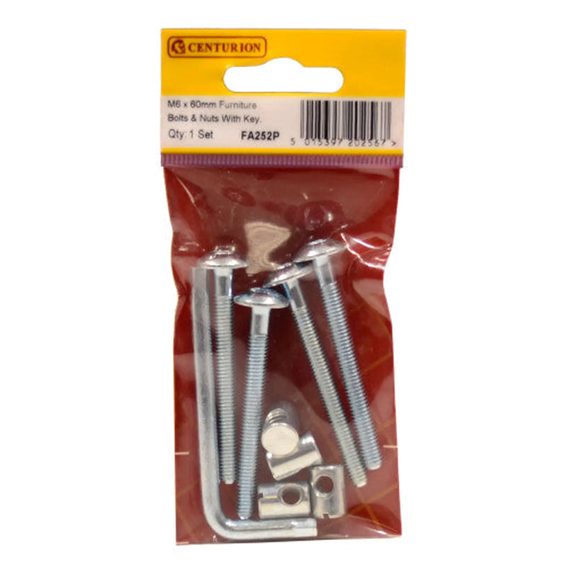 M6 x 60mm ZP Furniture Bolts & Nuts With Hex Key (Pack of 5)