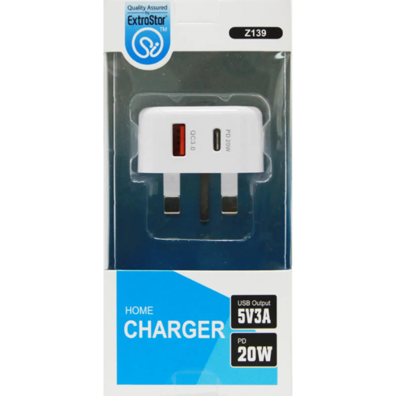 Extrastar USB + Type C Home Plug Charger White
