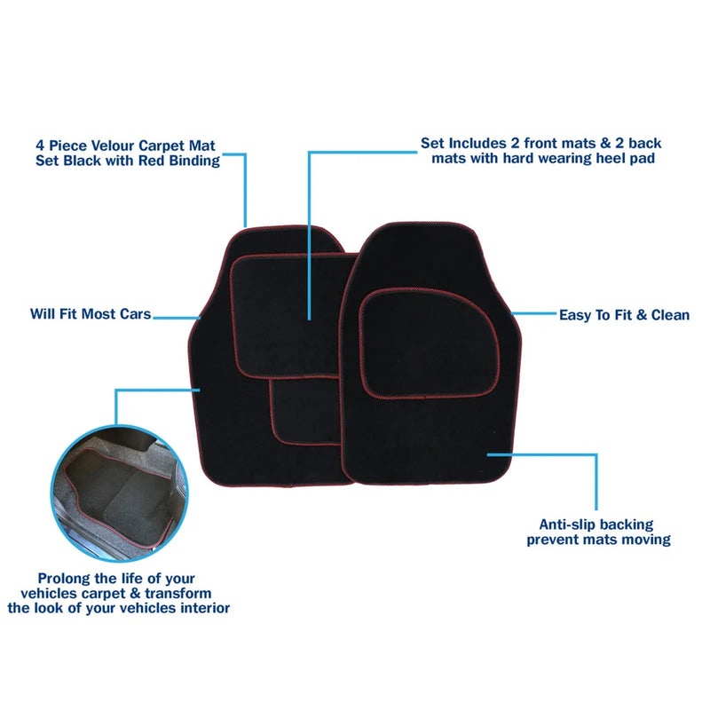 Streetwize Velour Carpet Mat Set with Coloured Binding - 4 Piece Black/Red