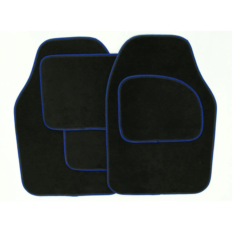 Streetwize Velour Carpet Mat Sets with Coloured Binding - 4 Piece Black With Blue Piping