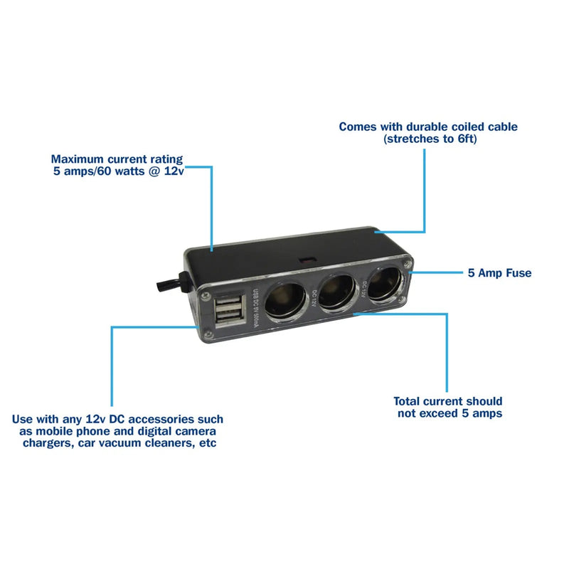 Streetwize 12V Triple Socket With Twin USB