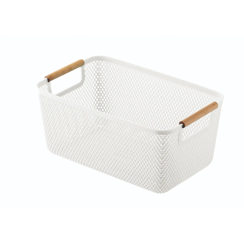Blue Canyon Large Plastic Storage Basket With Wooden Handles White