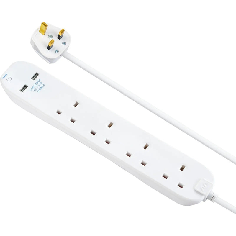 Masterplug 4 Gang Extension Lead With 2 x USB & 1m Cable 13 amp