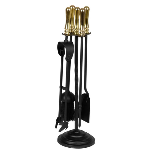 Stax Hearth & Home Black Companion Set With Round Base / Brass Handles 5 Piece 19"