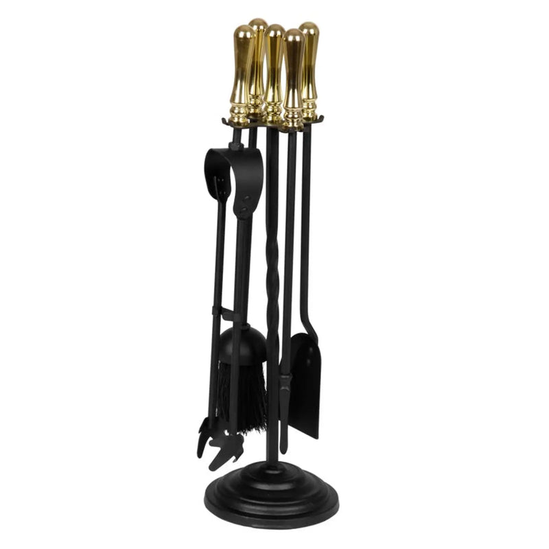 Stax Hearth & Home Black Companion Set With Round Base / Brass Handles 5 Piece 19"