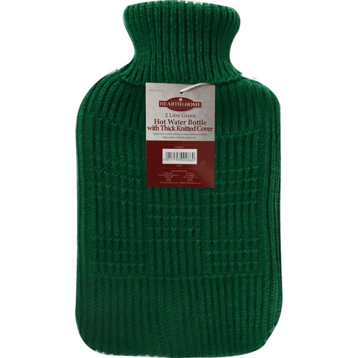 Stax Hearth & Home Hot Water Bottle With Thick Knitted Cover 2L Green
