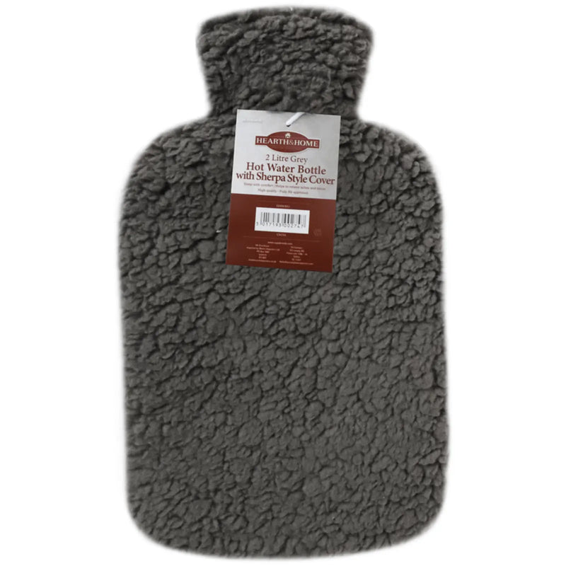 Stax Hearth & Home Hot Water Bottle With Sherpa Style Cover 2L Grey