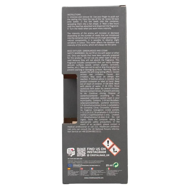 Cristalinas Reed Diffuser 25ml Sandalwood & Cedar