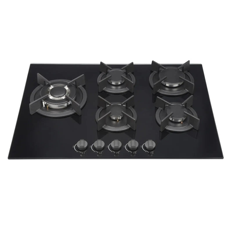 Kitchenplus Gas Burners On Black Glass Hob 5 Burner - 700mm