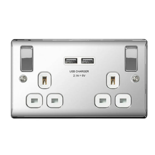 BG 13a 2 Gang Switch Socket & USB Polished Chrome With White Inserts