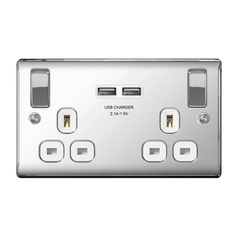 BG 13a 2 Gang Switch Socket & USB Polished Chrome With White Inserts