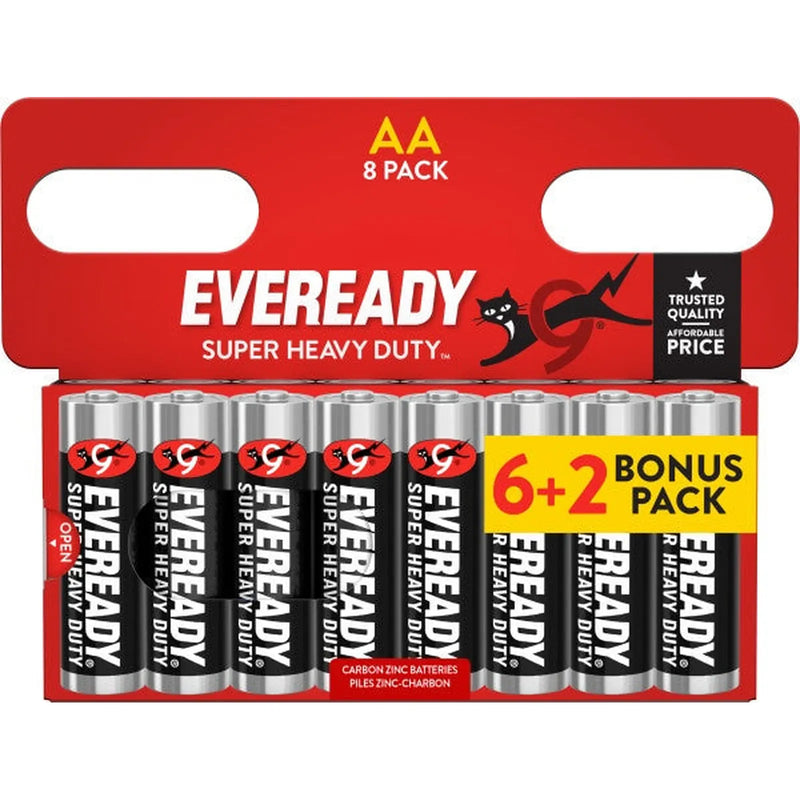 Eveready Super Heavy Duty AA Batteries Carded 6 Plus 2 Bonus Pack