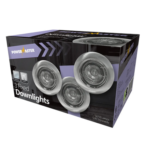 Powermaster 3 Pack Fixed GU10 Downlights Brushed Chrome