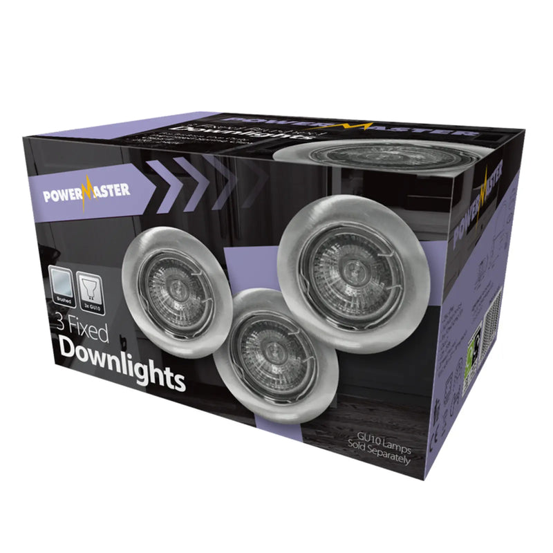 Powermaster 3 Pack Fixed GU10 Downlights Brushed Chrome