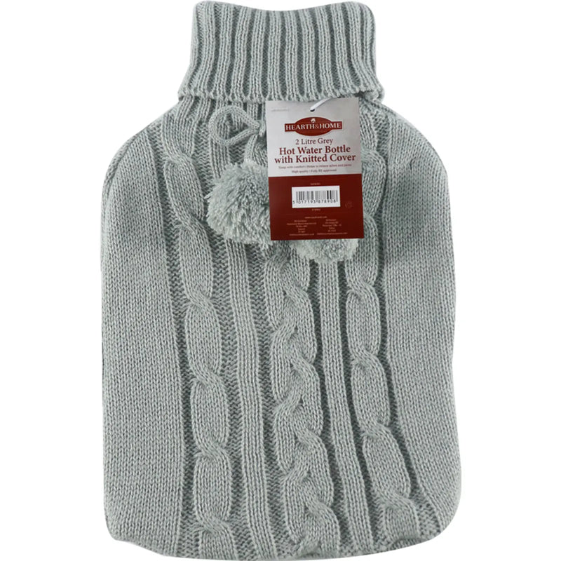 Stax Hearth & Home Hot Water Bottle with Knitted Cover 2L Grey