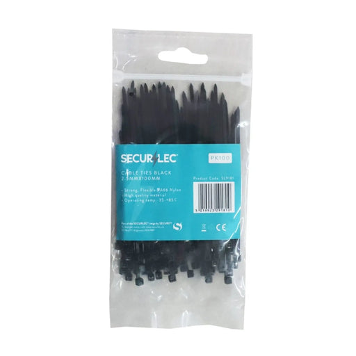 Securlec Black Cable Ties 2.5mm x 100mm Pack 100
