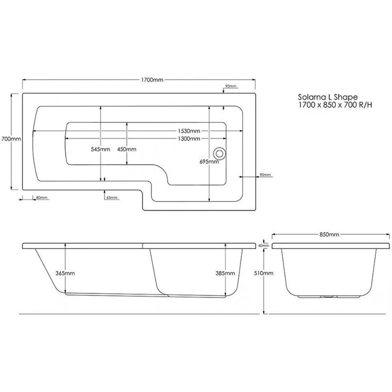 Trojan Solarna L Shape Shower Bath LH 1700 x 850 x 700mm