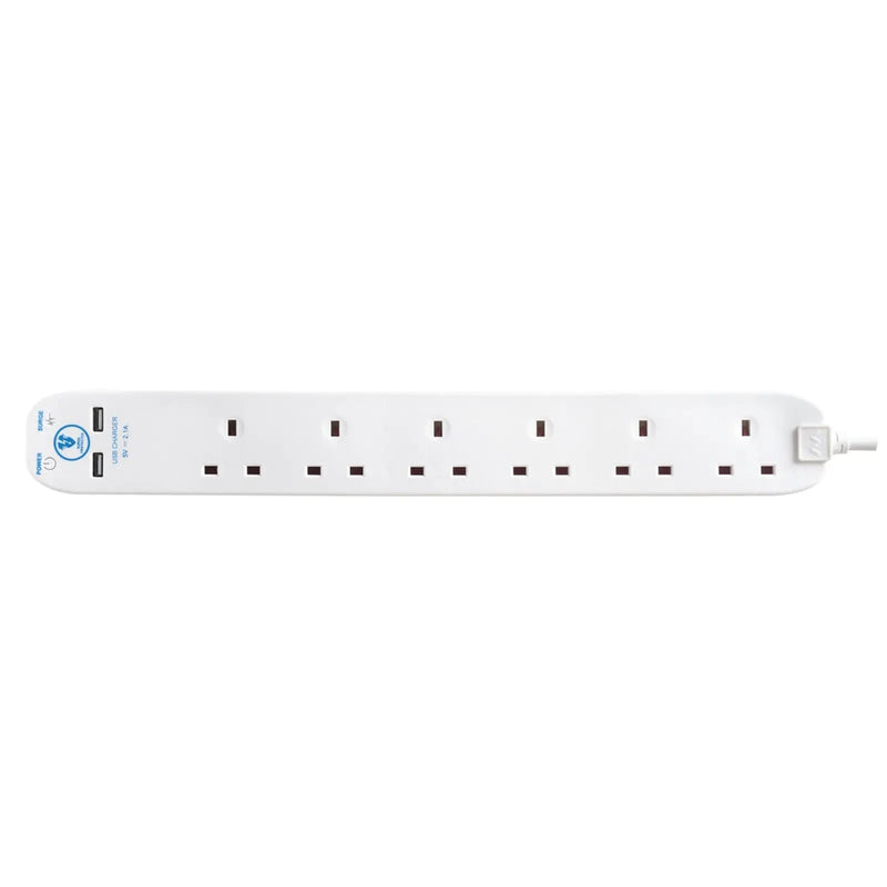 Masterplug 6 Gang Surge Extension Lead With 2 USBs 2m