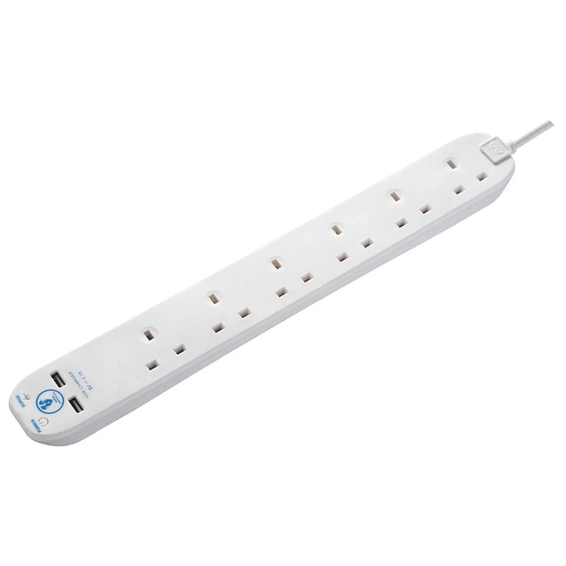 Masterplug 6 Gang Surge Extension Lead With 2 USBs 2m