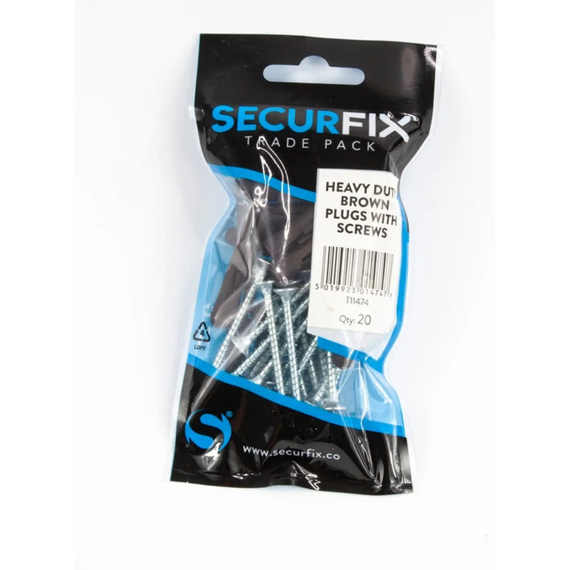 Securfix Heavy Duty Wall Plugs Brown W.Screws 20 Pack