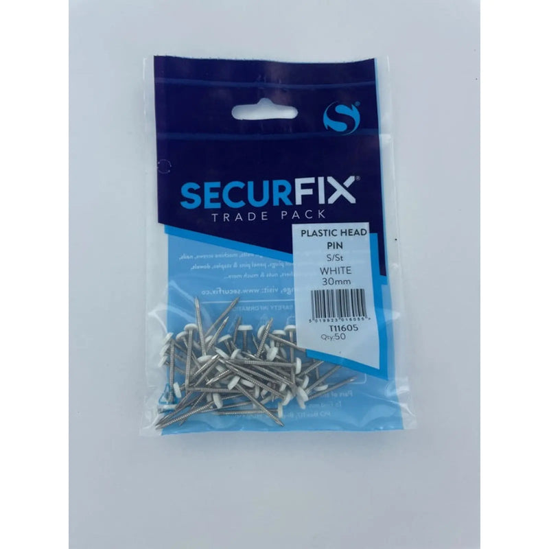 Securfix Stainless Steel Plastic Headed Pin White 30mm 50 Pack