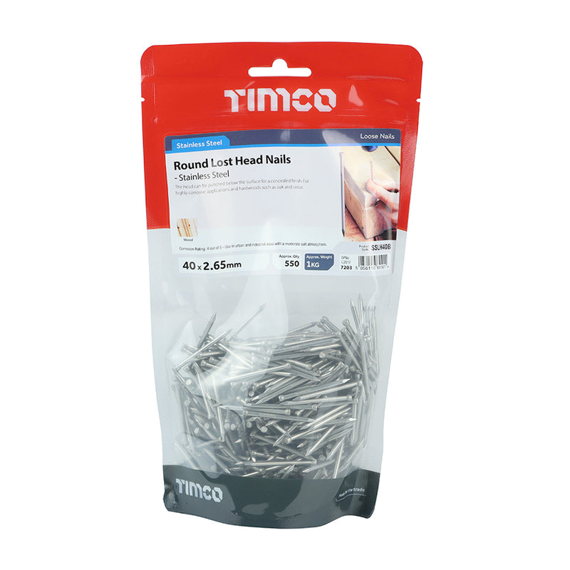 TIMCO Round Lost Head Nails A2 Stainless Steel — 1kg Bag