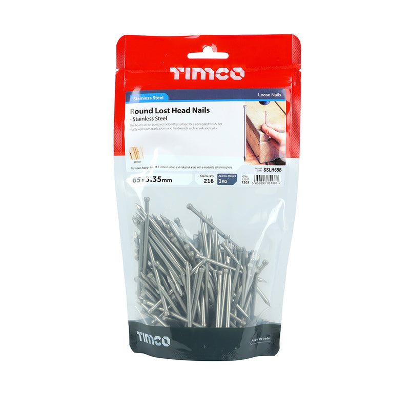 TIMCO Round Lost Head Nails A2 Stainless Steel — 1kg Bag