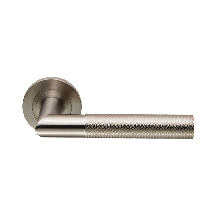 Crown Knurled Lever On Sprung Screw-On Round Rose - Satin Stainless Steel