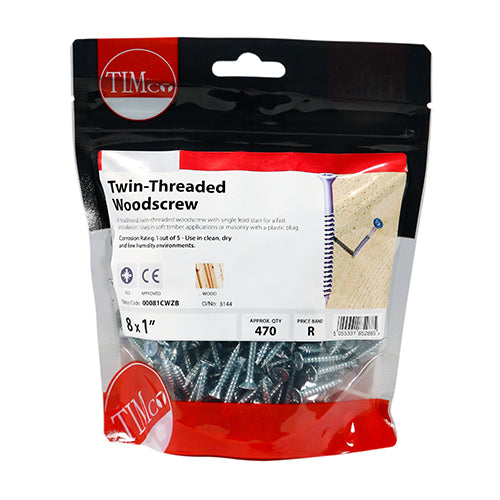TIMCO Twin-Threaded Countersunk Silver Woodscrews — Bag