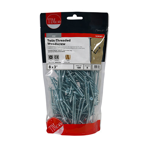 TIMCO Twin-Threaded Countersunk Silver Woodscrews — Bag