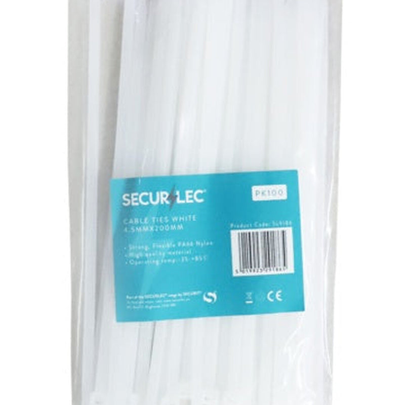 Securlec White Cable Ties 4.5mm x 200mm Pack 100