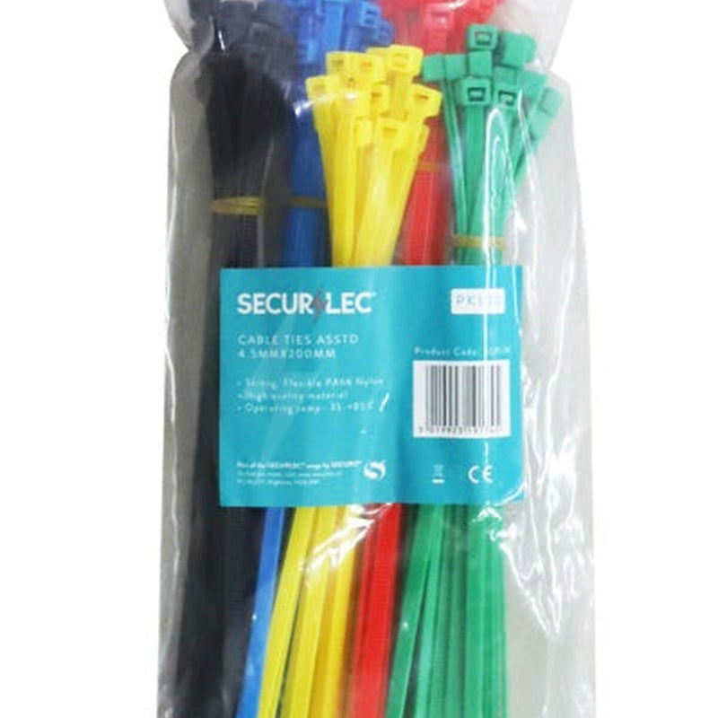 Securlec Cable Ties Assorted 4.5x200mm Pack 100