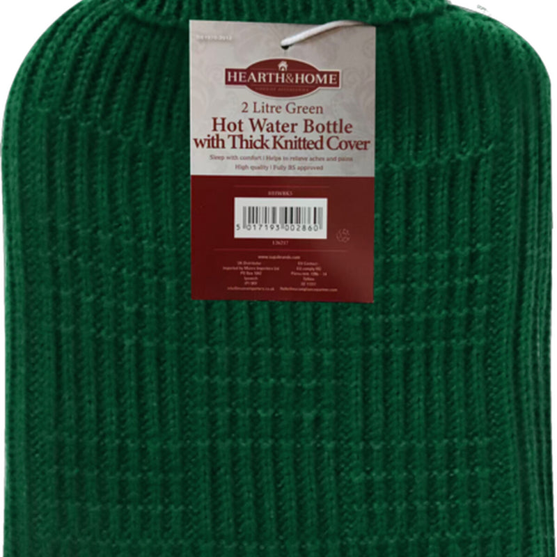 Hearth & Home Hot Water Bottle With Thick Knitted Cover 2L Green