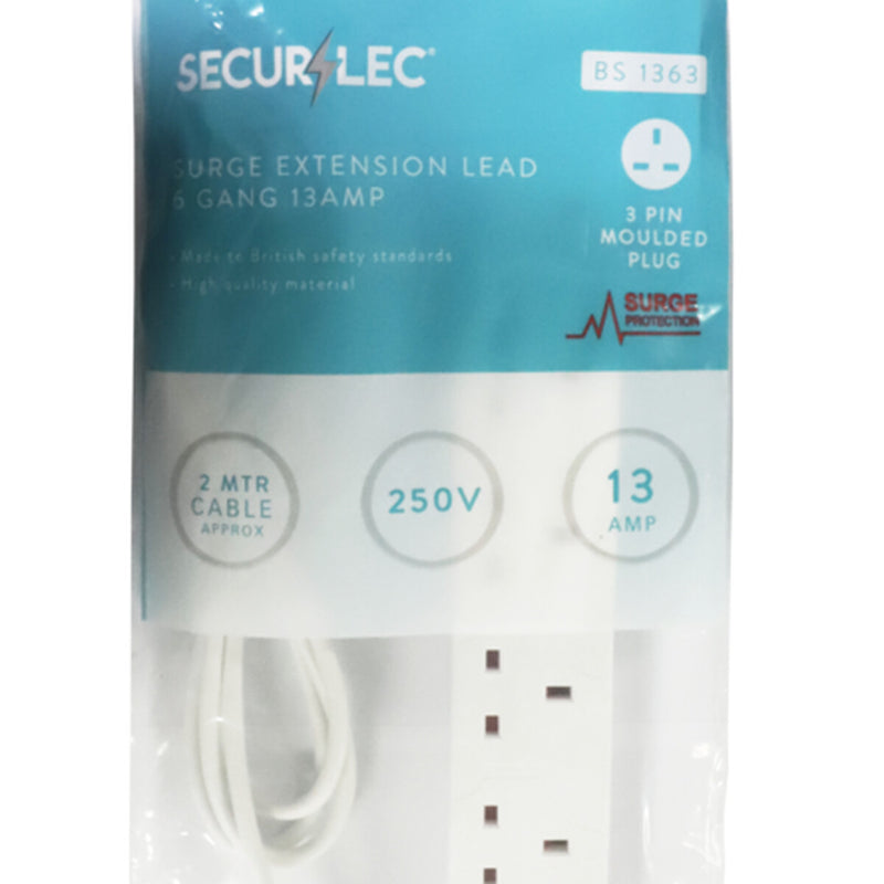 Securlec 6 Gang Extension Lead With Neon Light & Surge Protection 2m